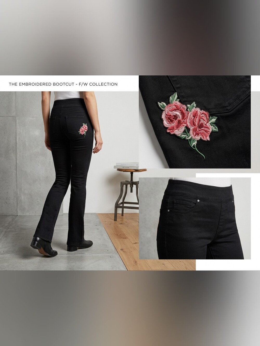 The Pioneer Woman Black Bootcut Jeans with Pink Rose Patch